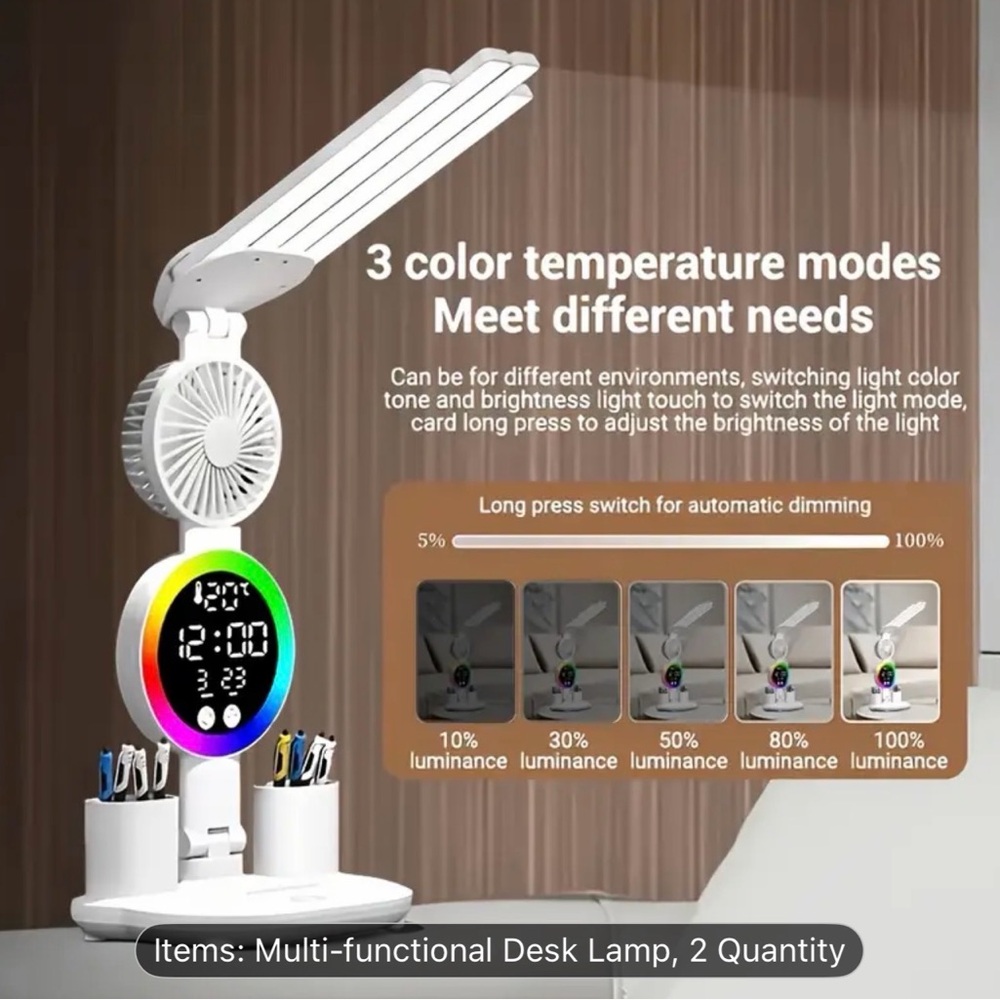 Smart Touch LED Desk Lamp with USB - Dual Head, Dimmable, Fan NIB - Picture 3 of 8